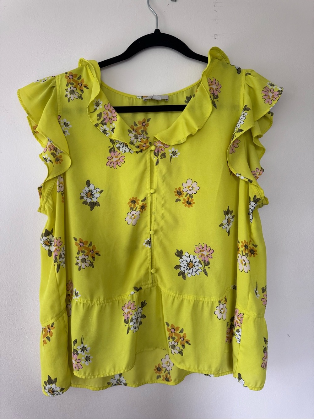 LOFT Lemon Yellow Floral Ruffle Sleeve Blouse